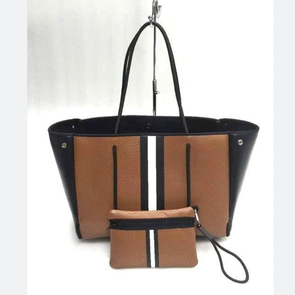 NWT Haute Shore Greyson Milan Brown Striped Coated Neoprine Tote with Wristlet